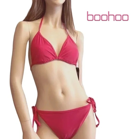boohoo Triangle Tie Side String Bikini Rose Pink Adjustable Lined - Picture 1 of 13